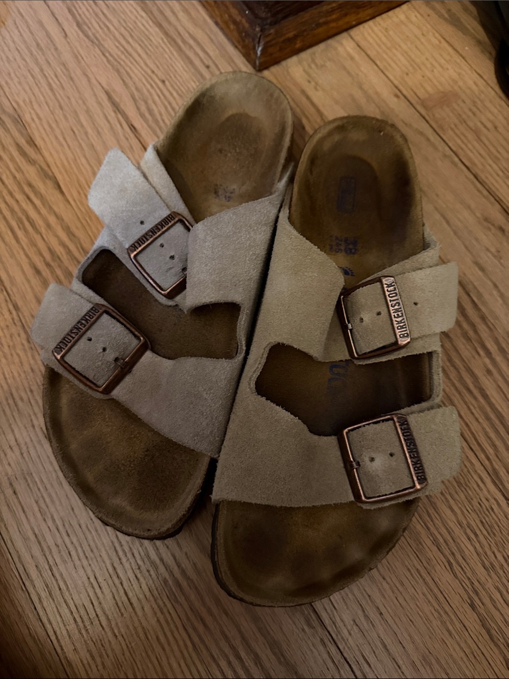 Birkenstock Two-Strap Suede Sandals in Taupe